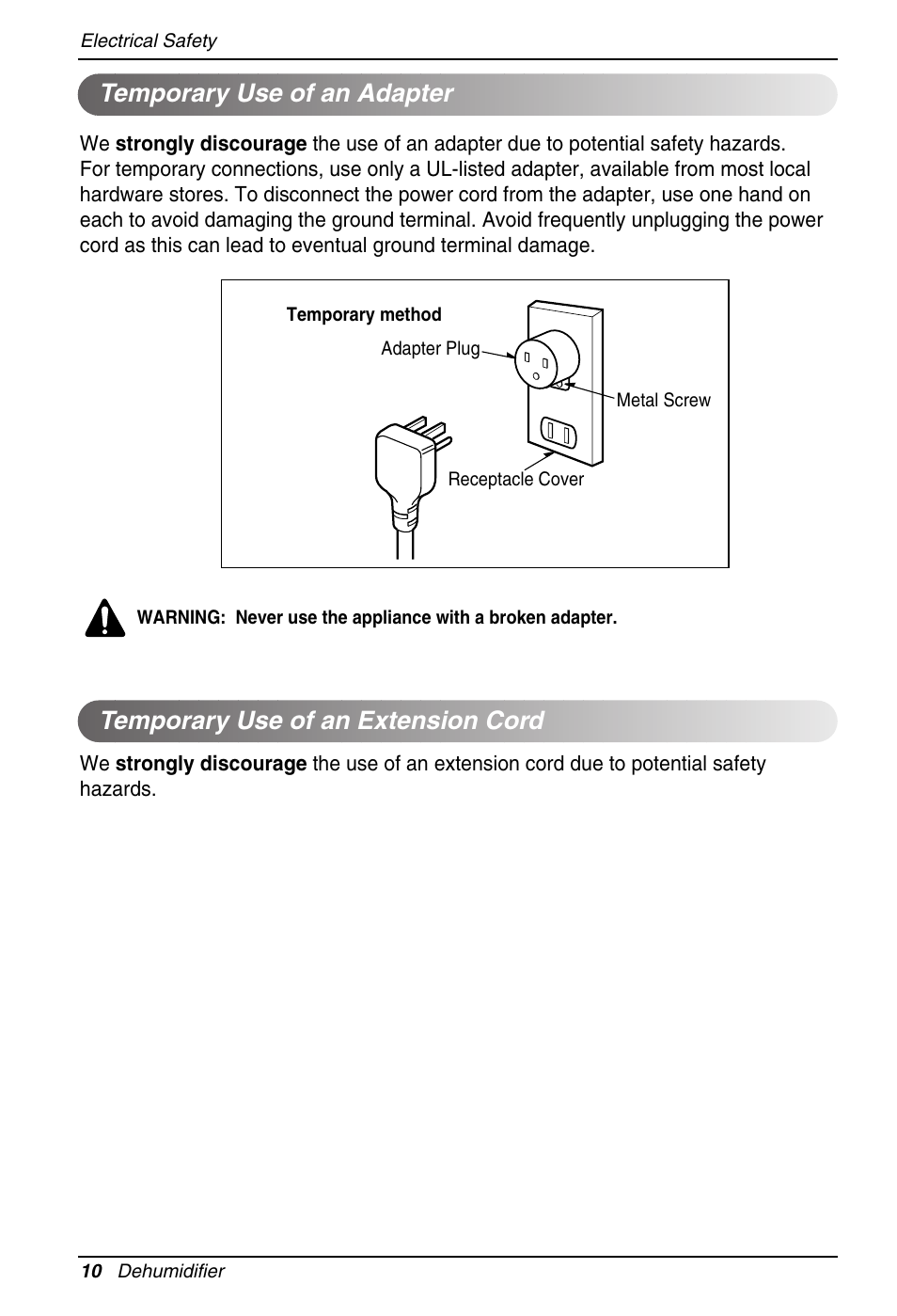 Temporary use of an adapter, Temporary use of an extension cord | Zenith ZD309 User Manual | Page 10 / 36