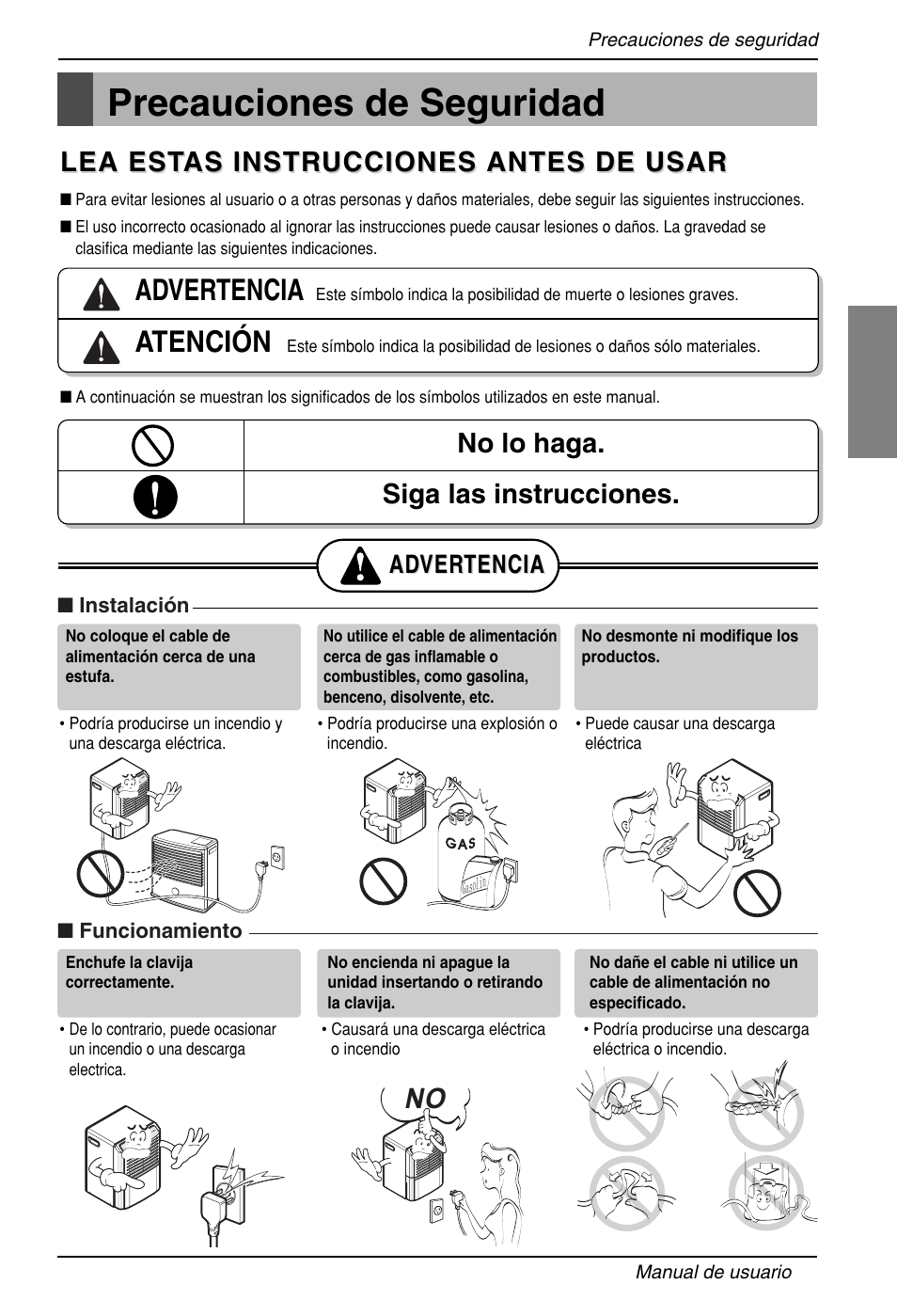 Precauciones de seguridad, Advertencia, Atención | Lea est, No lo haga. siga las instrucciones, Ad ver ver tencia tencia, Esp a ñ ol | Zenith ZD309 User Manual | Page 19 / 36