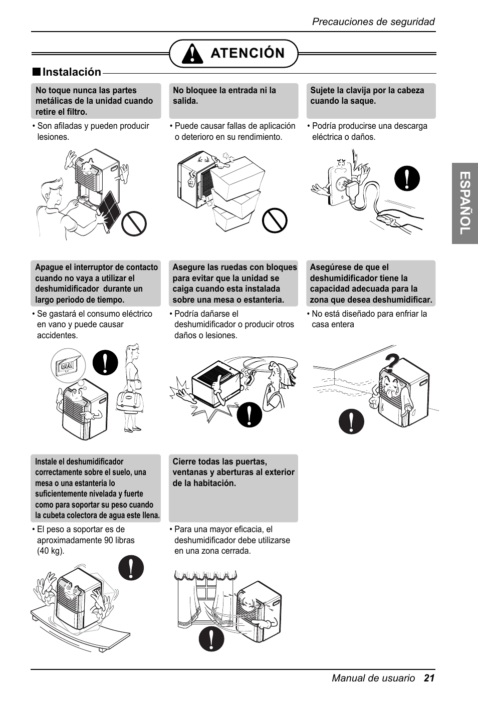 Es pa ñ ol a a tención tención, Instalación | Zenith ZD309 User Manual | Page 21 / 36