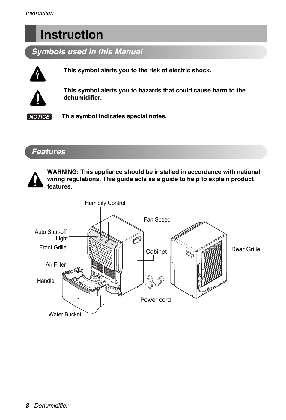 Instruction, Features symbols used in this manual | Zenith ZD309 User Manual | Page 8 / 36
