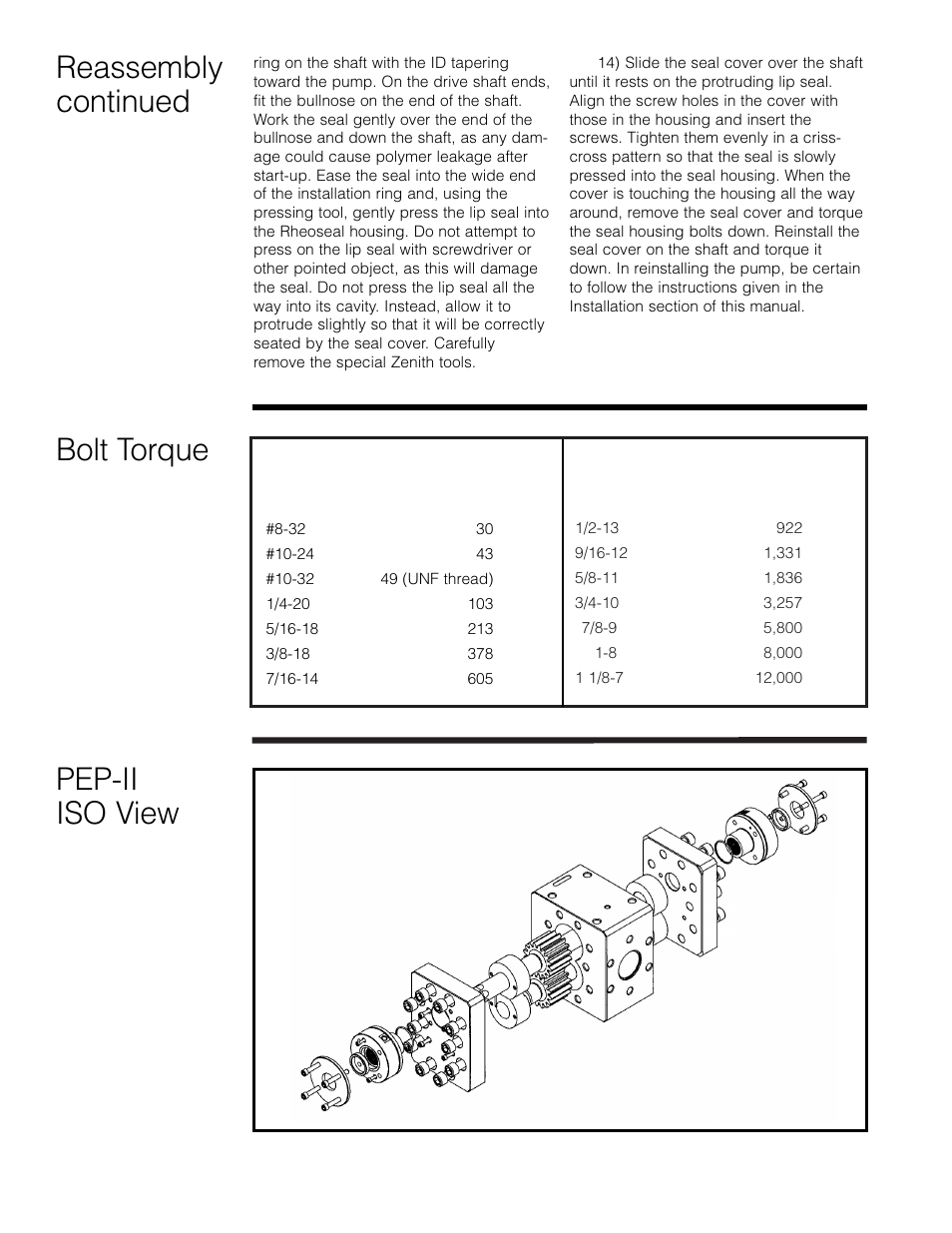 Reassembly continued bolt torque, Pep-ii iso view | Zenith Pumps User Manual | Page 10 / 12