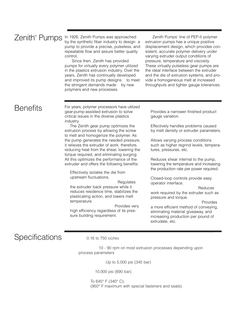 Zenith, Pumps, Benefits specifications | Zenith Pumps User Manual | Page 2 / 12