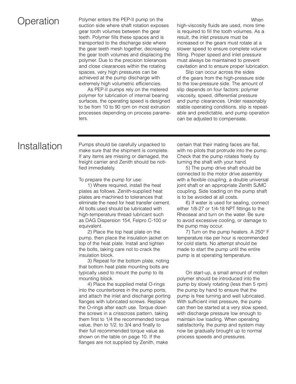 Operation, Installation | Zenith Pumps User Manual | Page 6 / 12