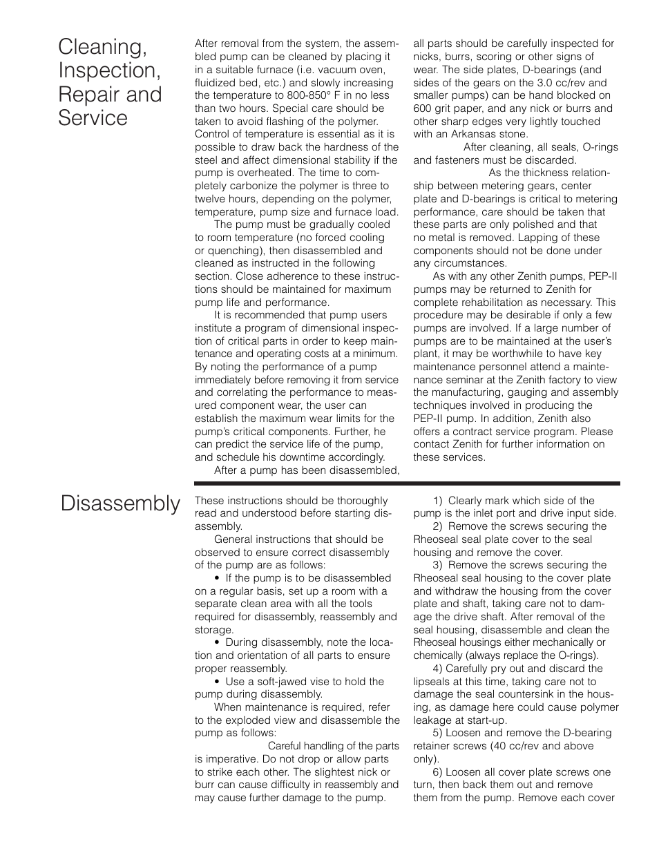 Cleaning, inspection, repair and service, Disassembly | Zenith Pumps User Manual | Page 7 / 12