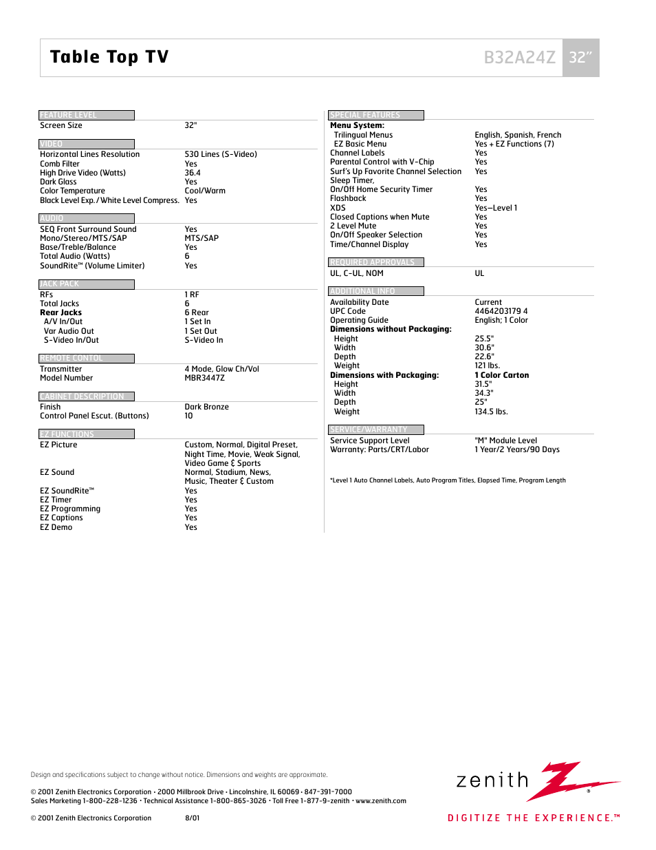 Table top tv b32a24z | Zenith B32A24Z User Manual | Page 2 / 2
