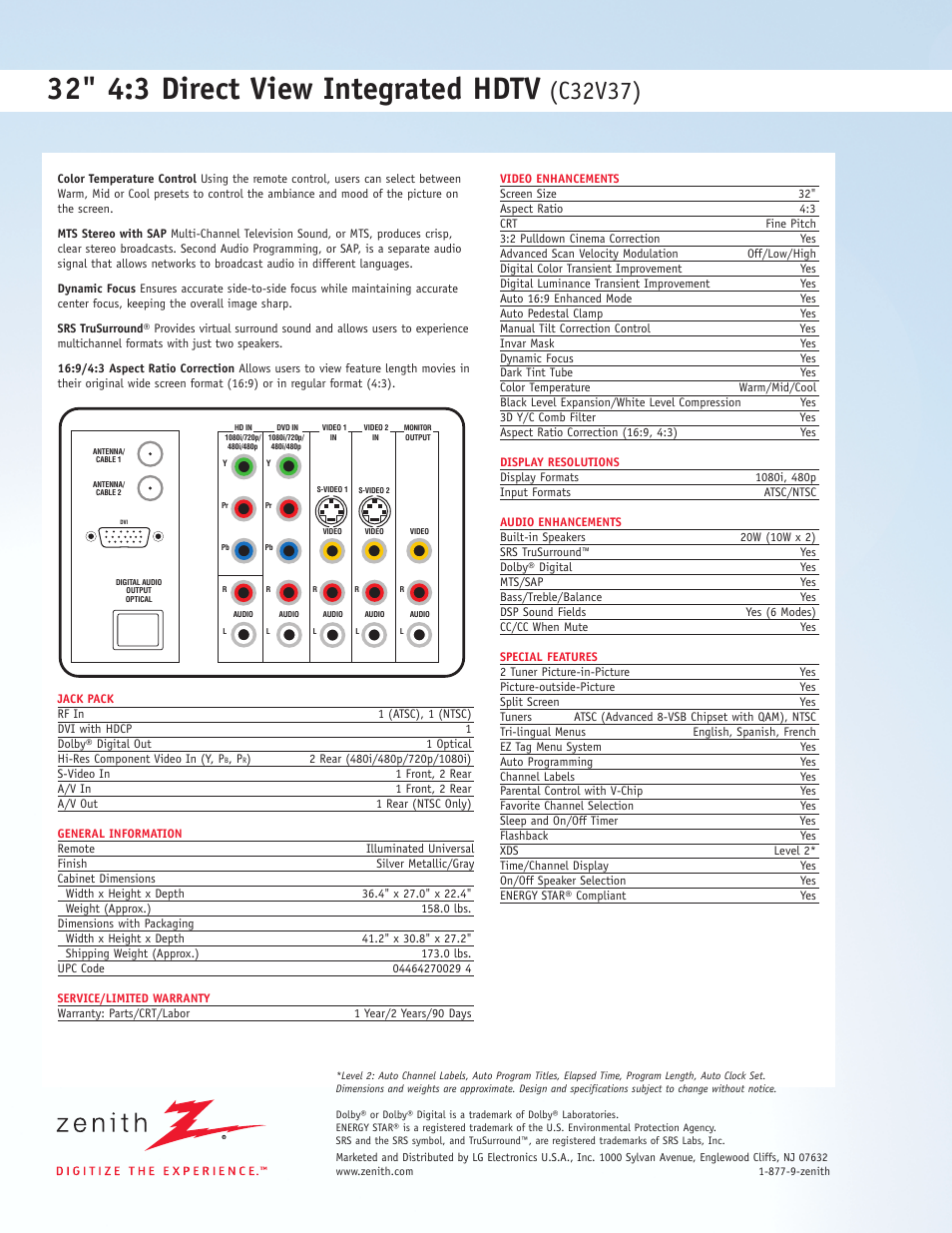 32" 4:3 direct view integrated hdtv, C32v37) | Zenith C32V37 User Manual | Page 2 / 2