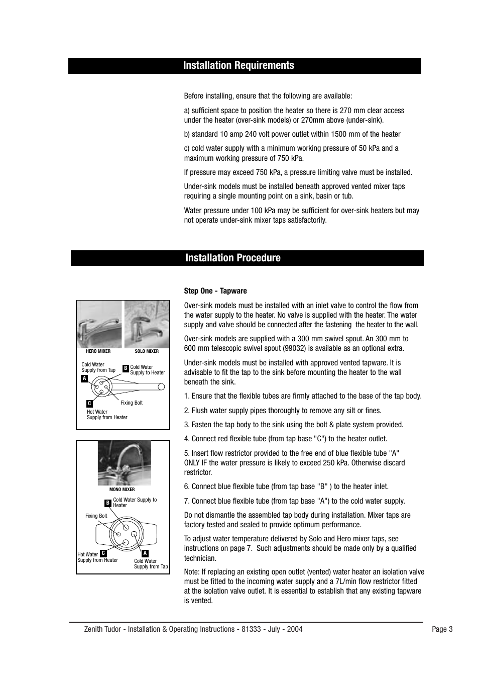 Installation requirements, Installation procedure | Zenith 216666666 User Manual | Page 3 / 8