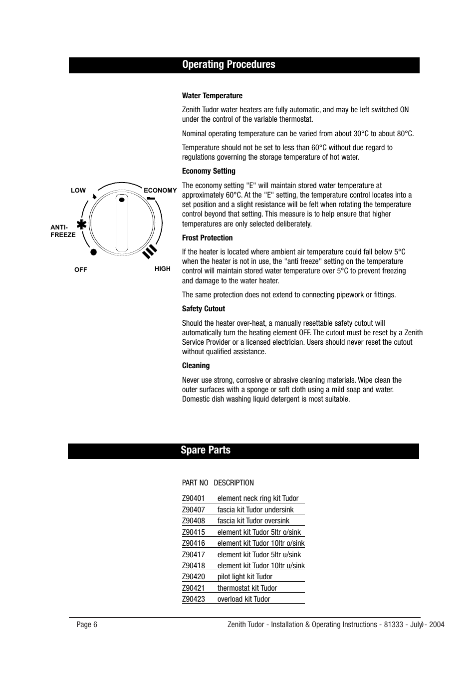 Operating procedures, Spare parts | Zenith 216666666 User Manual | Page 6 / 8