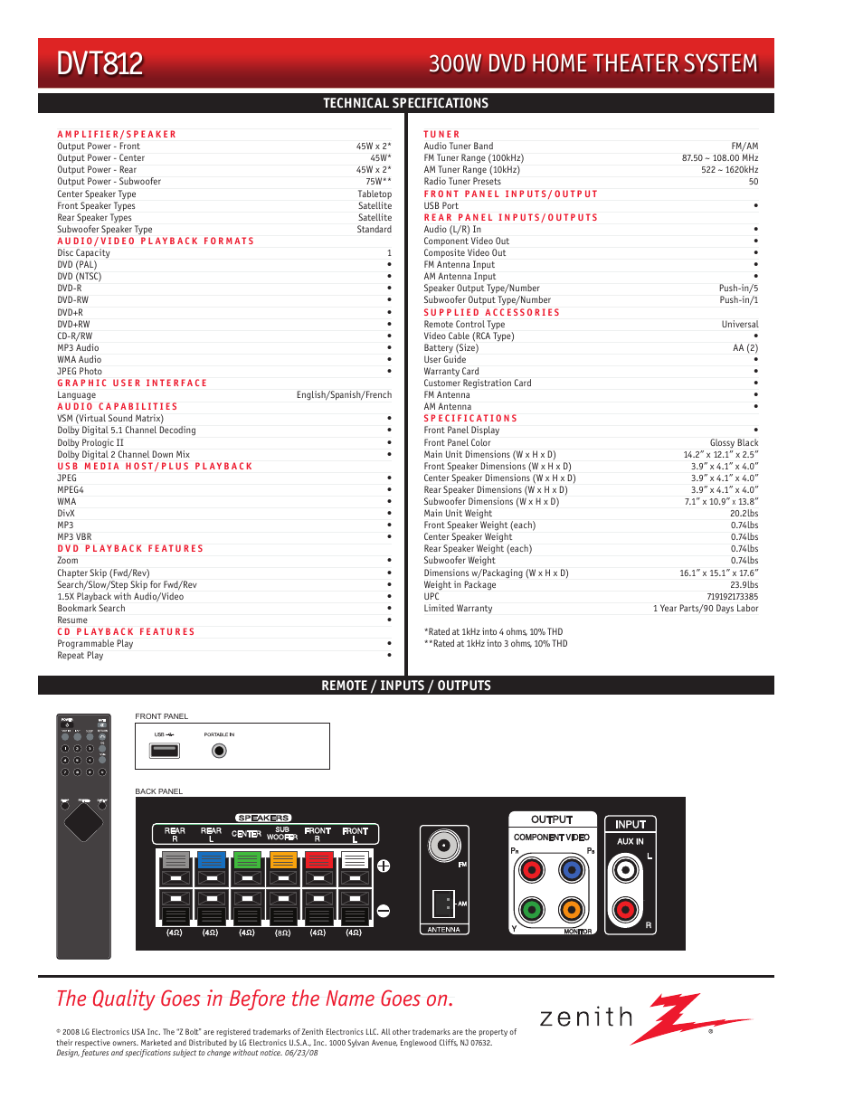 Dvt812, 300w dvd home theater system, The quality goes in before the name goes on | Technical specifications, Remote / inputs / outputs | Zenith DVT812 User Manual | Page 2 / 2