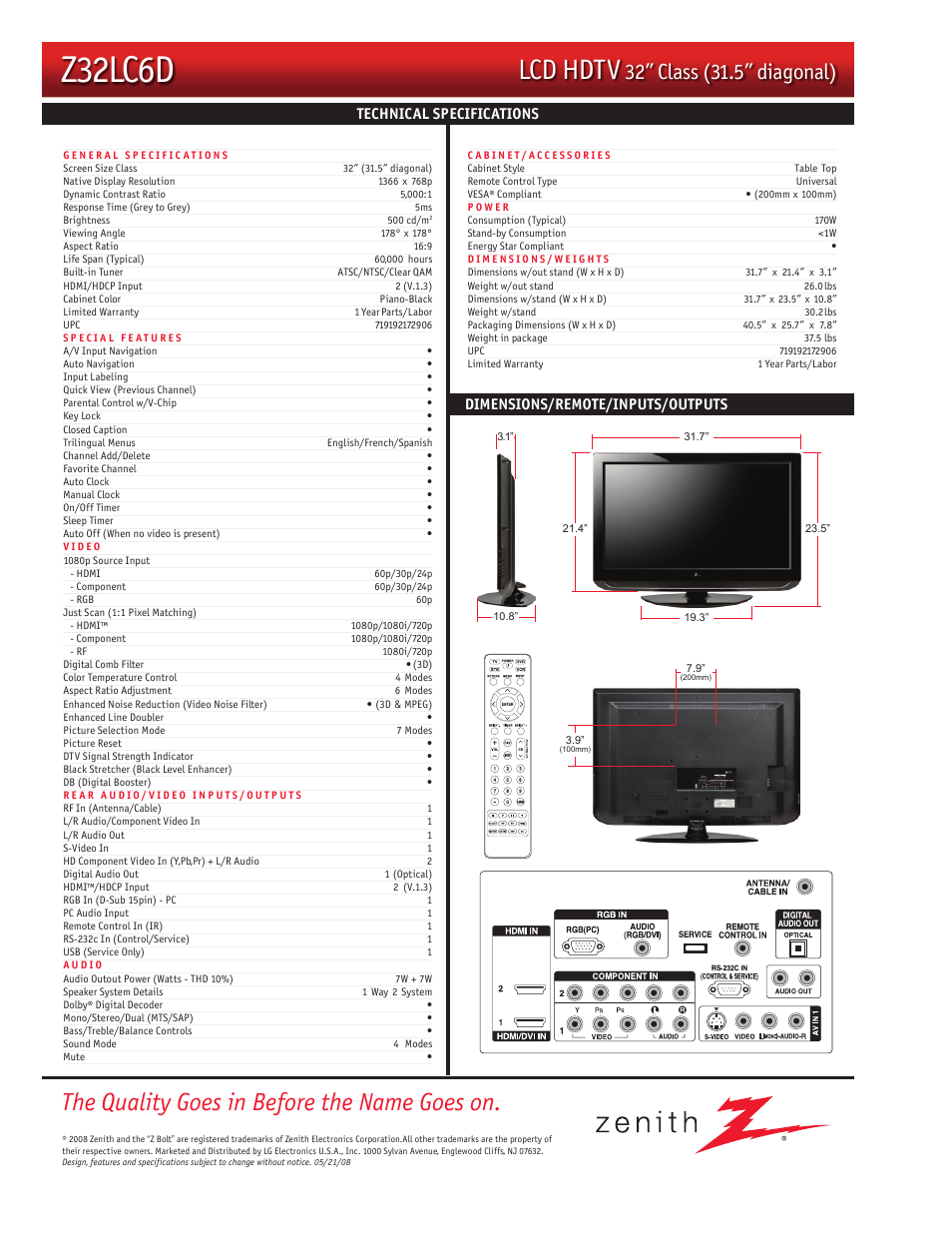 Z32lc6d, Lcd hdtv, The quality goes in before the name goes on | Zenith Z32LC6D User Manual | Page 2 / 2