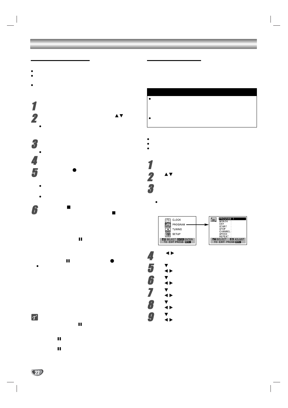 Tape operation (continued) normal recording, Timer recording | Zenith XBV323 User Manual | Page 22 / 40