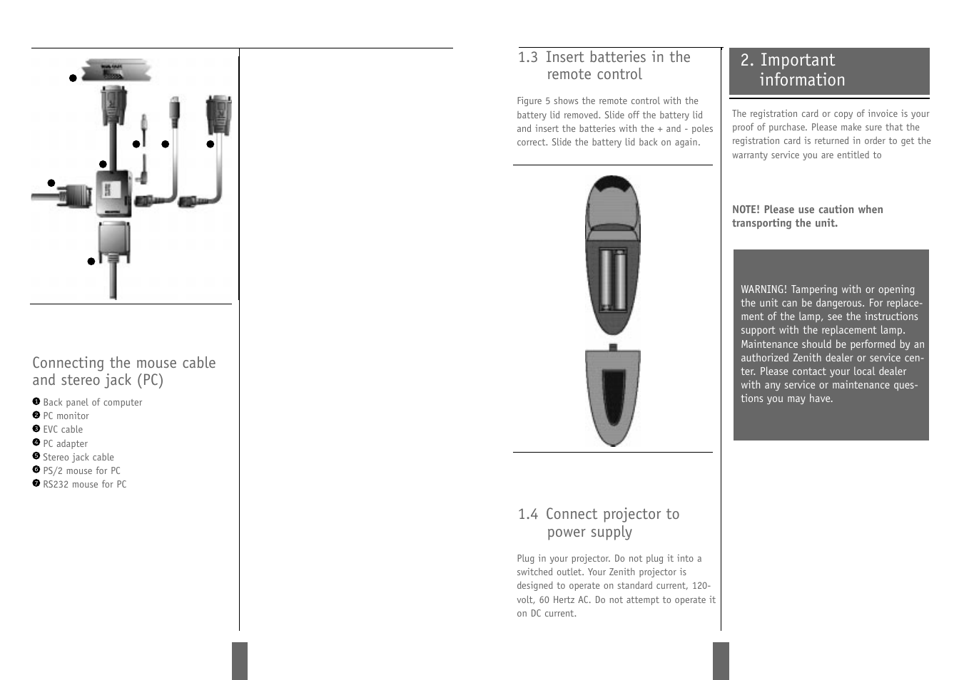 Important information, Connecting the mouse cable and stereo jack (pc), 3 insert batteries in the remote control | 4 connect projector to power supply | Zenith DSV-110 User Manual | Page 6 / 17