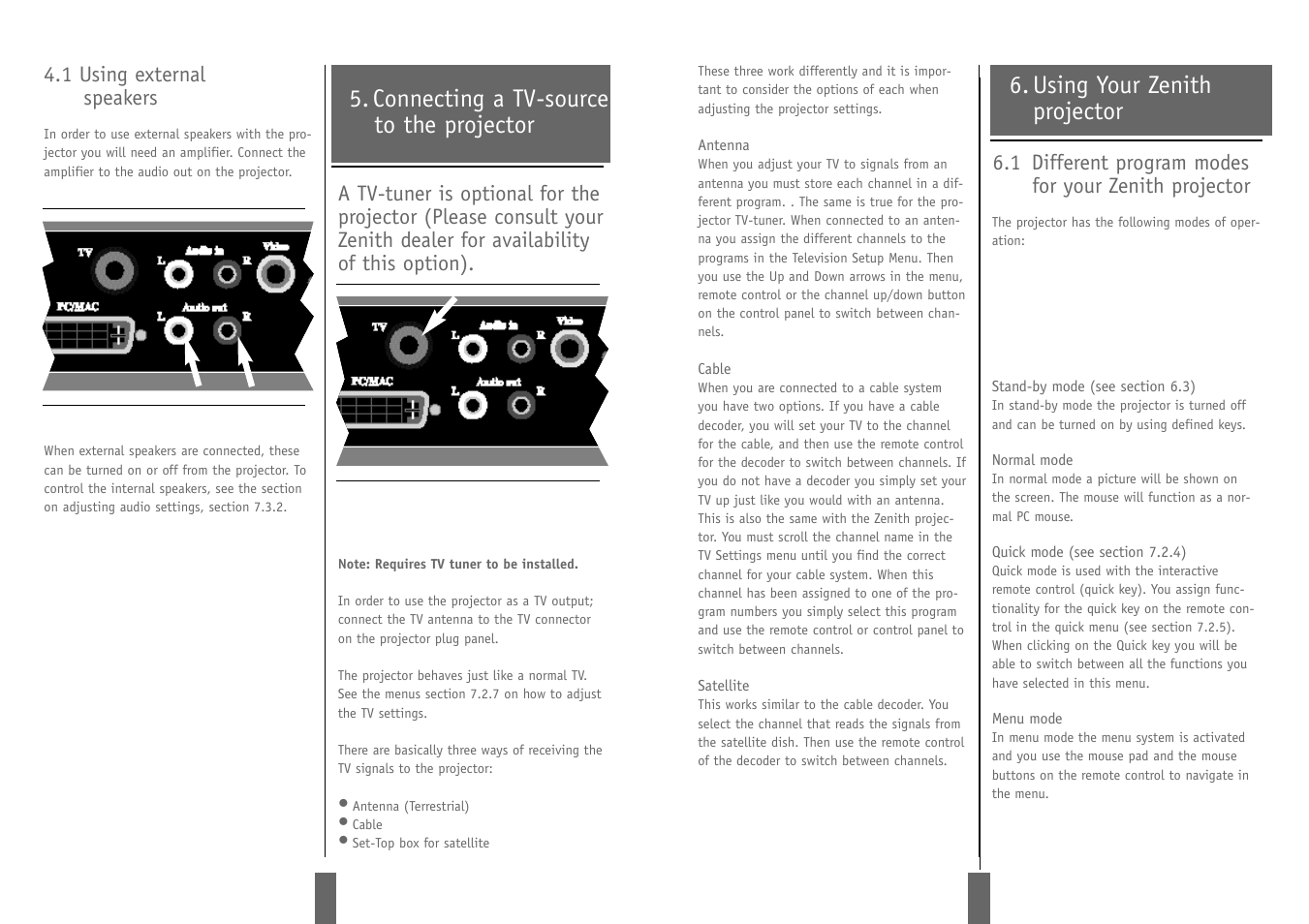 Using your zenith projector, Connecting a tv-source to the projector | Zenith DSV-110 User Manual | Page 8 / 17