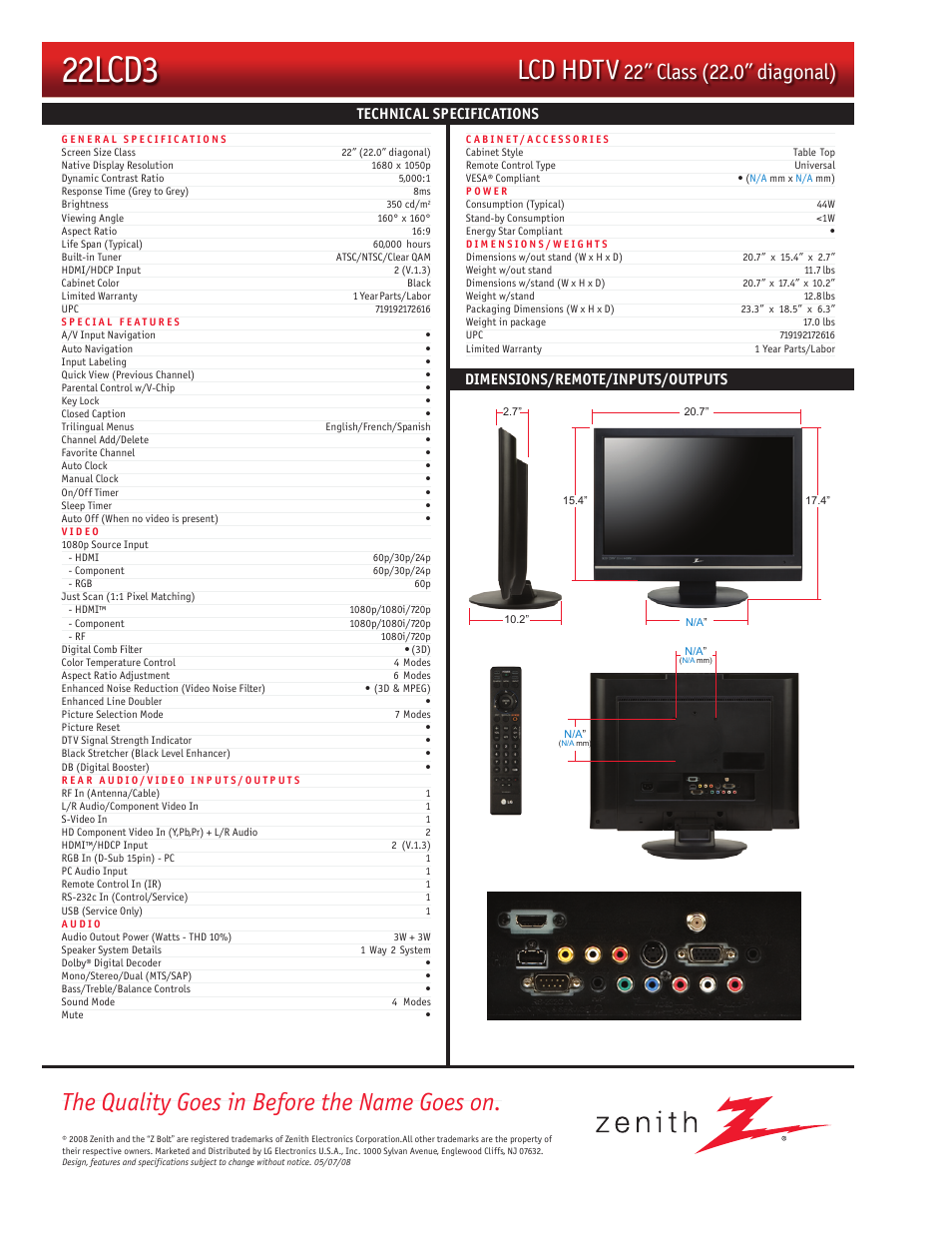 22lcd3, Lcd hdtv, The quality goes in before the name goes on | Zenith 22LCD3 User Manual | Page 2 / 2