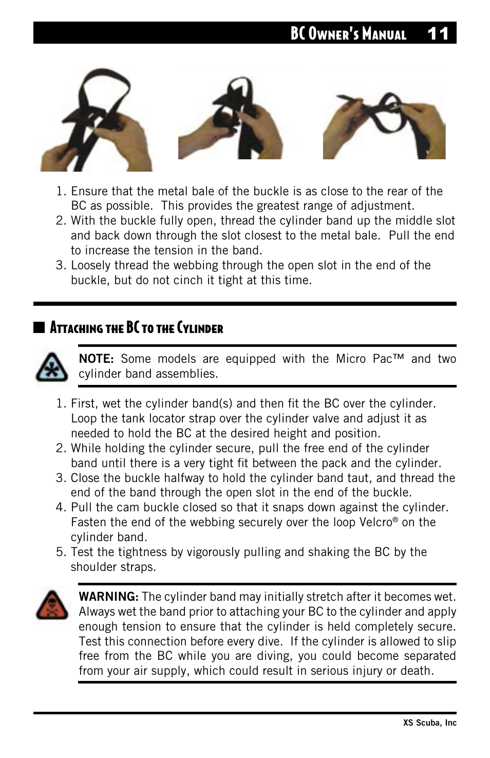 Attaching the bc to the cylinder, Bc owner’s manual 11 | XS Scuba Buoyancy Compensator User Manual | Page 11 / 24