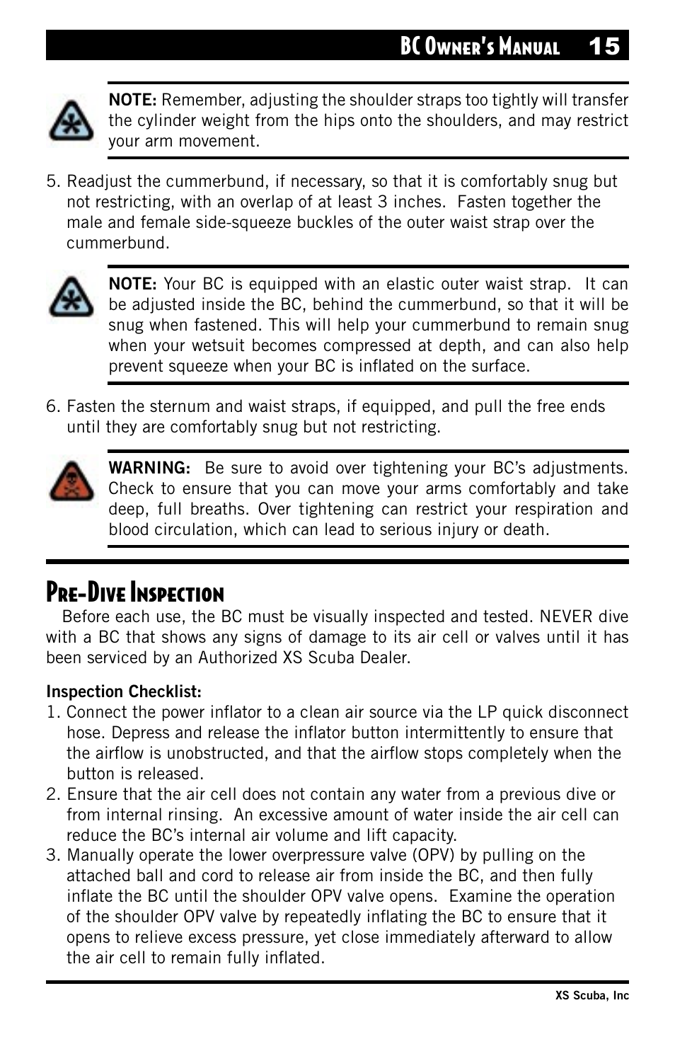 Pre-dive inspection, Bc owner’s manual 15 | XS Scuba Buoyancy Compensator User Manual | Page 15 / 24