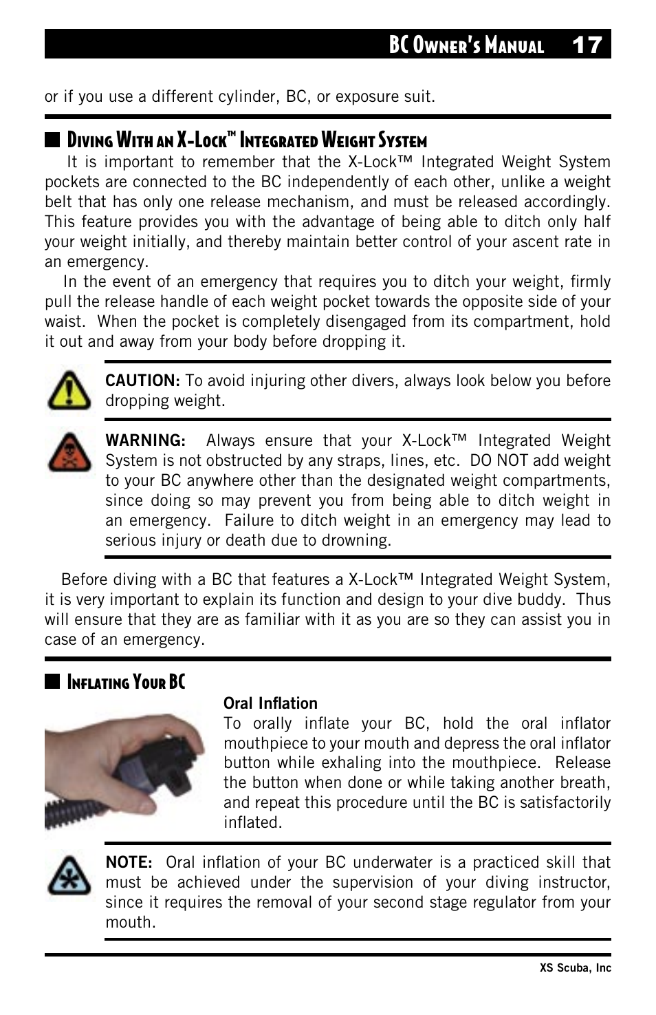 Diving with an x-lock™ integrated weight system, Inflating your bc, Oral inflation | Bc owner’s manual 17 | XS Scuba Buoyancy Compensator User Manual | Page 17 / 24