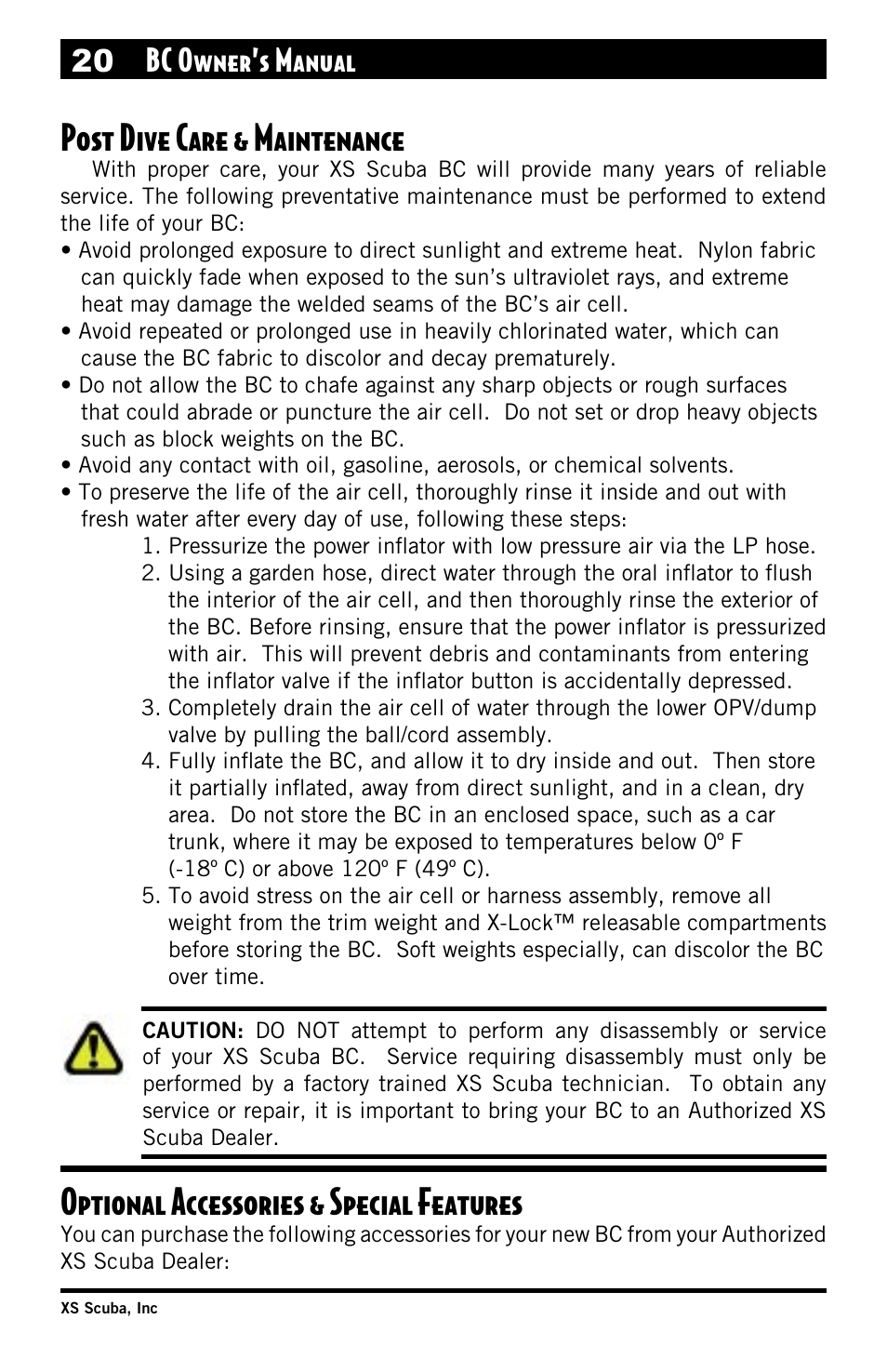 Post dive care & maintenance, Optional accessories & special features, 20 bc owner’s manual | XS Scuba Buoyancy Compensator User Manual | Page 20 / 24