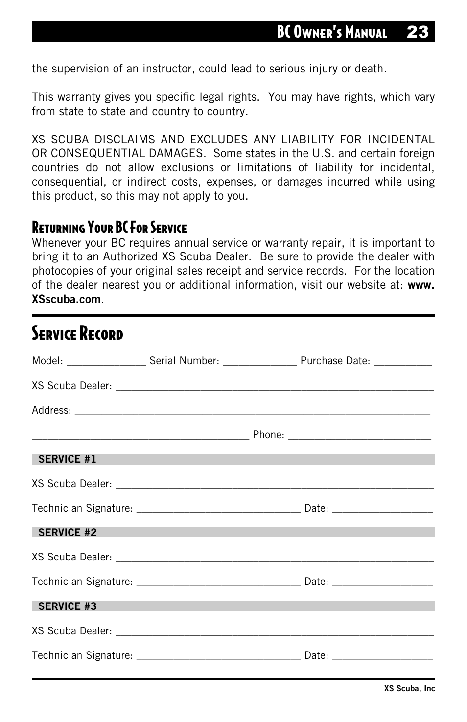 Returning your bc for service, Service record, Bc owner’s manual 23 | XS Scuba Buoyancy Compensator User Manual | Page 23 / 24