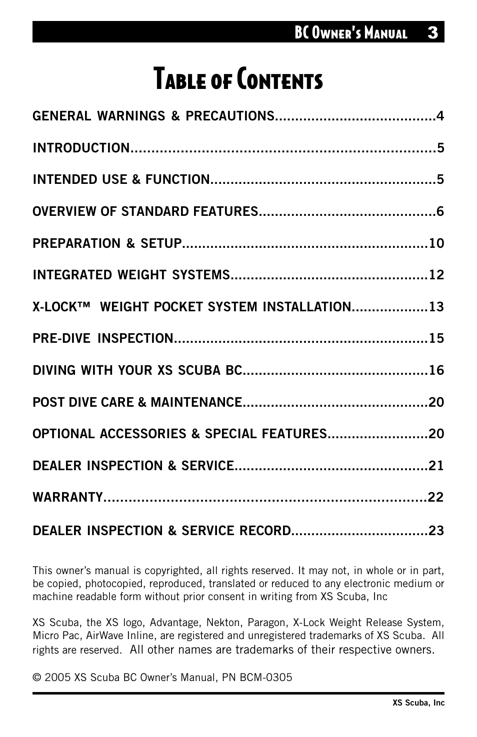 XS Scuba Buoyancy Compensator User Manual | Page 3 / 24