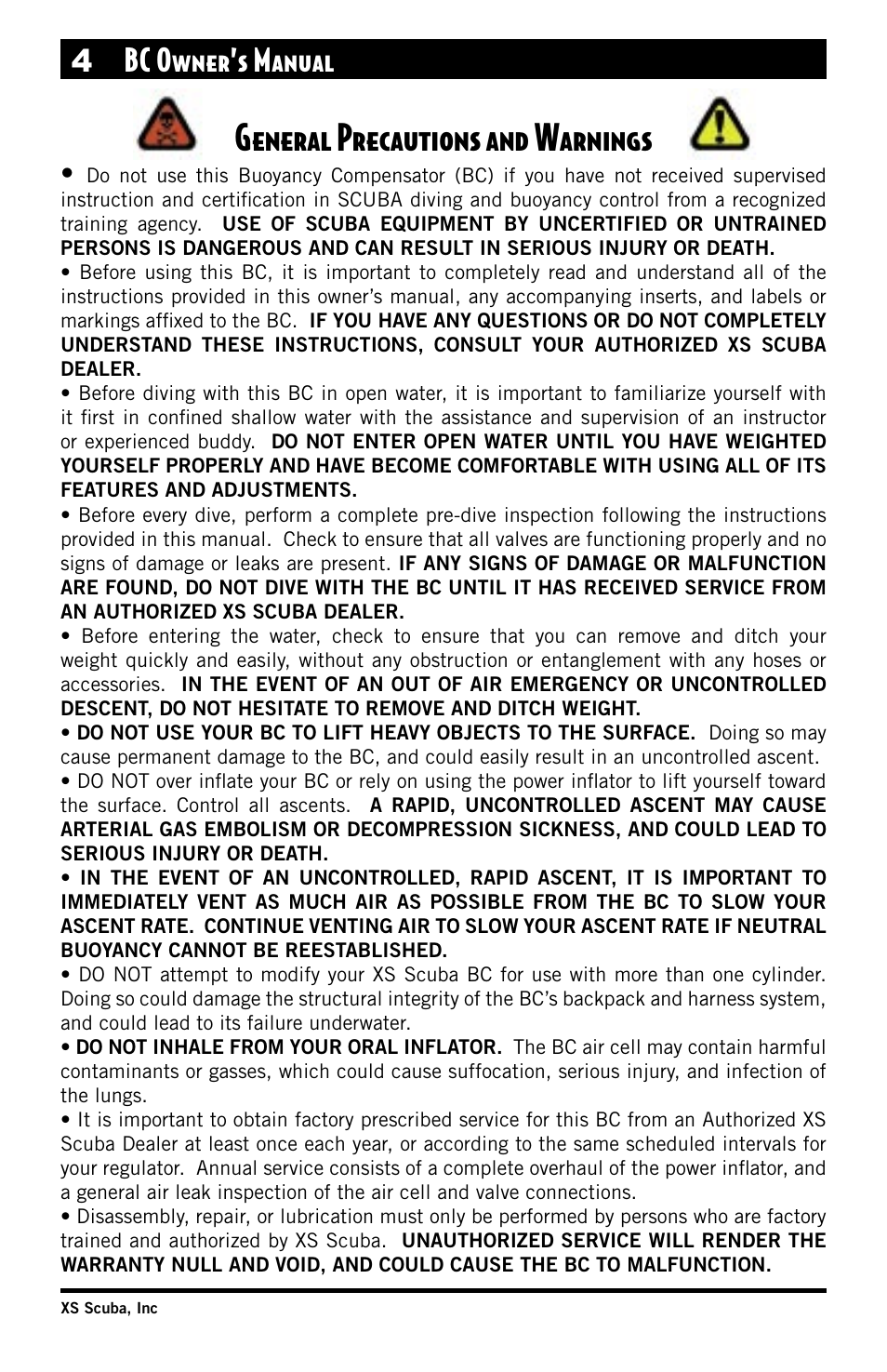 General precautions & warnings, General precautions and warnings, 4 bc owner’s manual | XS Scuba Buoyancy Compensator User Manual | Page 4 / 24