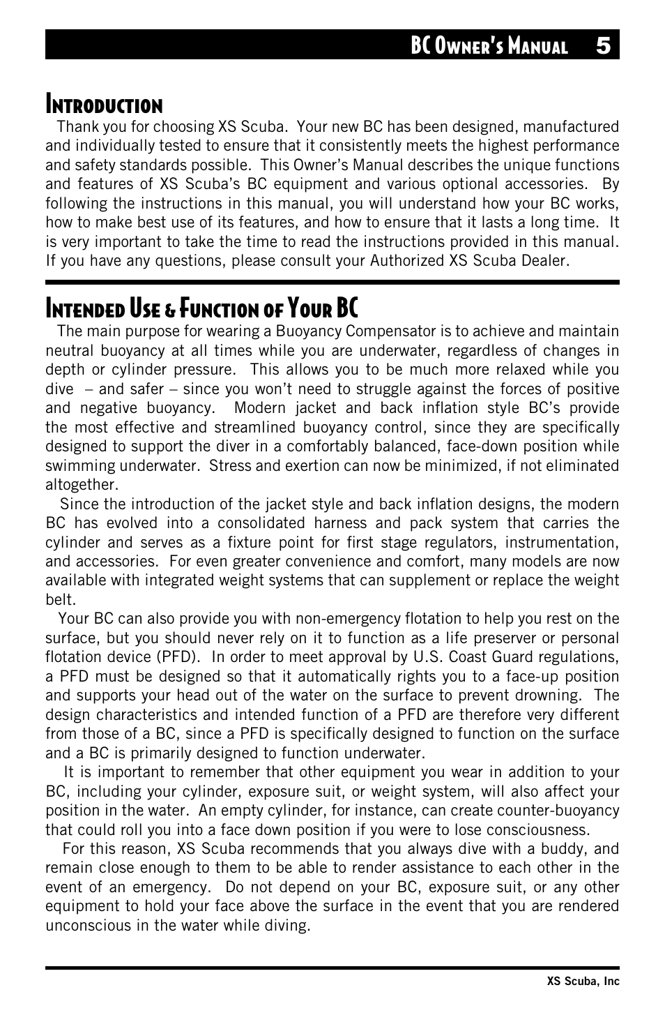 Introduction, Intended use & function, Intended use & function of your bc | Bc owner’s manual 5 | XS Scuba Buoyancy Compensator User Manual | Page 5 / 24