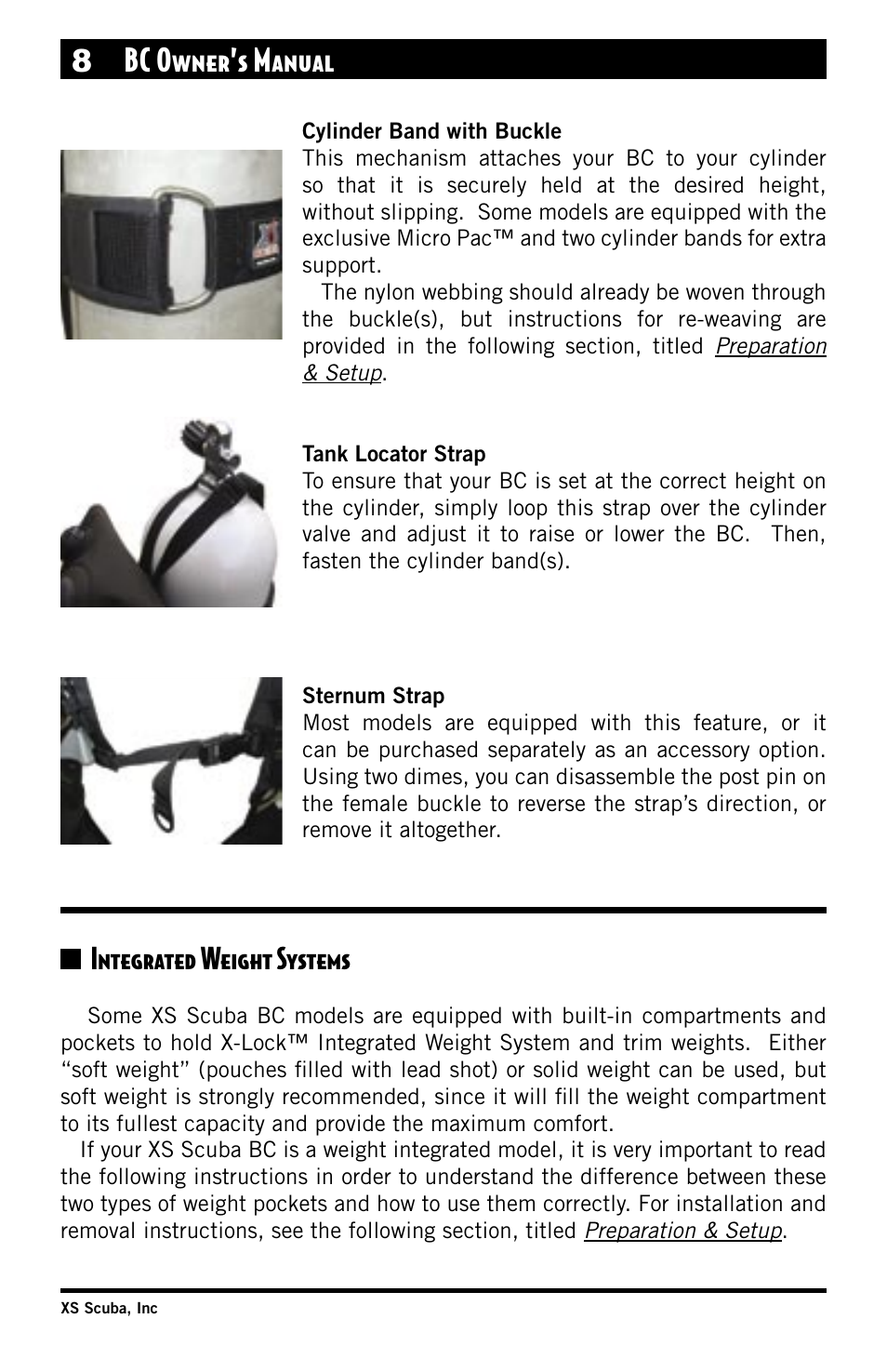 Cylinder band with buckle, Tank locator strap, Sternum strap | Integrated weight systems, 8 bc owner’s manual | XS Scuba Buoyancy Compensator User Manual | Page 8 / 24