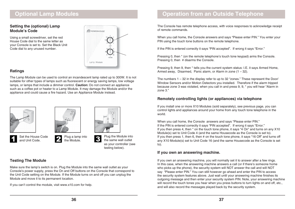 Operation from an outside telephone, Optional lamp modules | X10 Wireless Technology SC1200 User Manual | Page 19 / 27