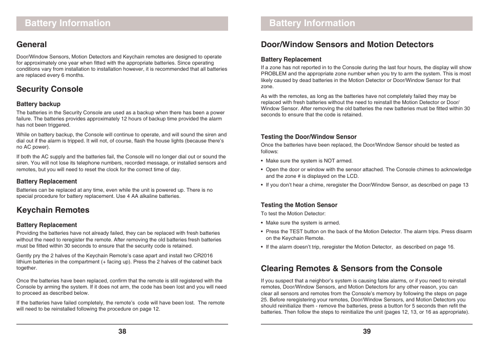 Battery information, General, Security console | Keychain remotes, Door/window sensors and motion detectors, Clearing remotes & sensors from the console | X10 Wireless Technology SC1200 User Manual | Page 20 / 27