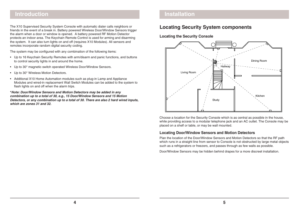 Introduction installation, Locating security system components | X10 Wireless Technology SC1200 User Manual | Page 3 / 27