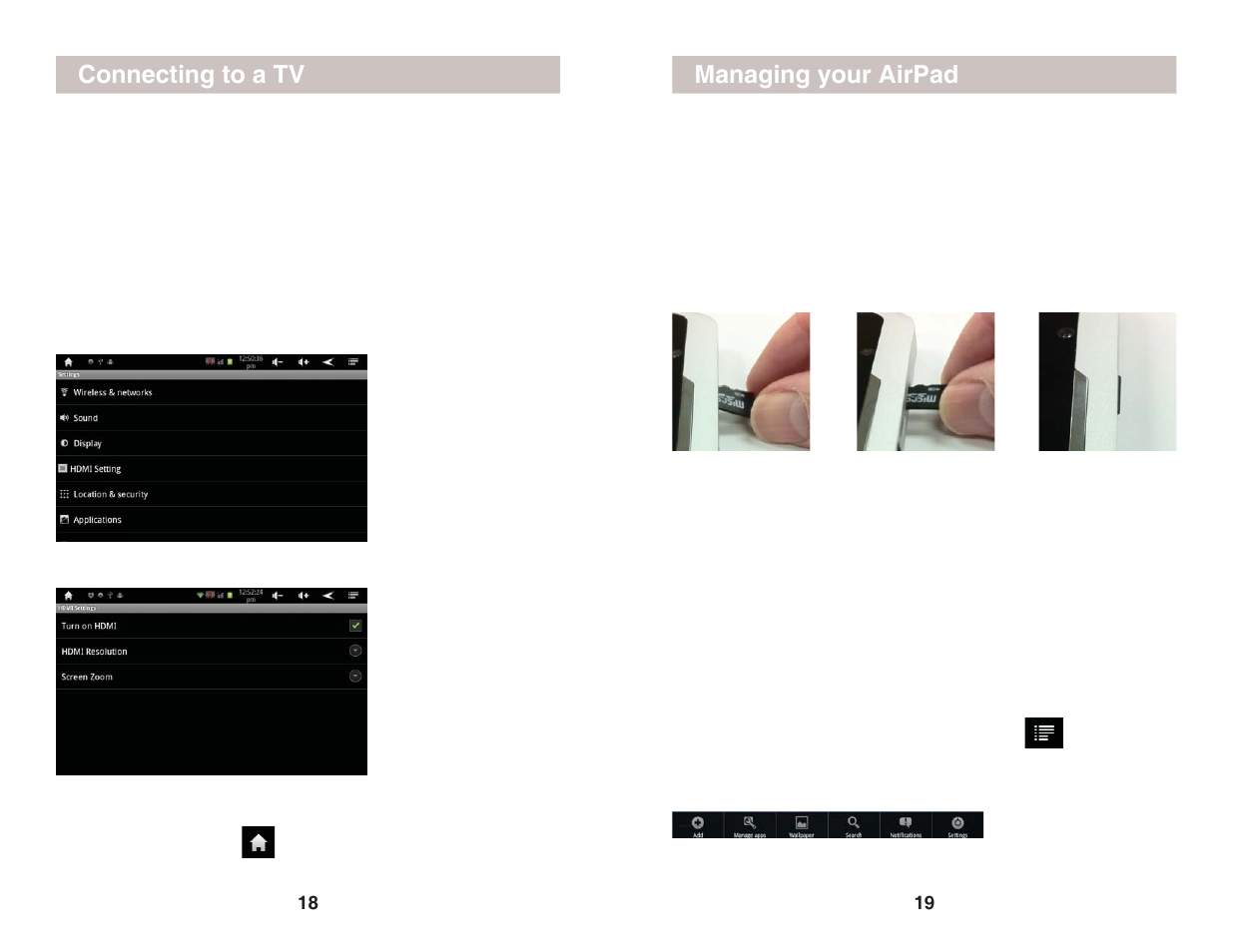 Connecting to a tv, Managing your airpad | X10 Wireless Technology AIRPAD 1 User Manual | Page 10 / 12