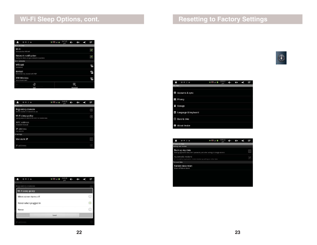 Resetting to factory settings, Wi-fi sleep options, cont | X10 Wireless Technology AIRPAD 1 User Manual | Page 12 / 12