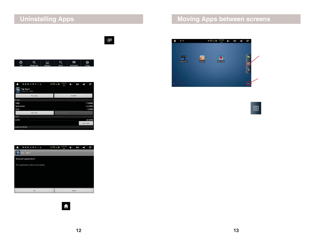 Uninstalling apps, Moving apps between screens | X10 Wireless Technology AIRPAD 1 User Manual | Page 7 / 12