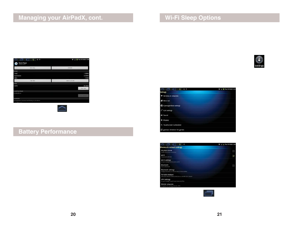 Managing your airpadx, cont. wi-fi sleep options, Battery performance | X10 Wireless Technology CM005-11/11 User Manual | Page 11 / 12