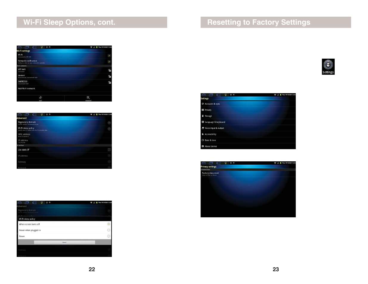 Resetting to factory settings, Wi-fi sleep options, cont | X10 Wireless Technology CM005-11/11 User Manual | Page 12 / 12