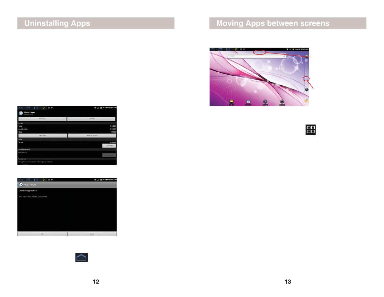 Uninstalling apps moving apps between screens | X10 Wireless Technology CM005-11/11 User Manual | Page 7 / 12