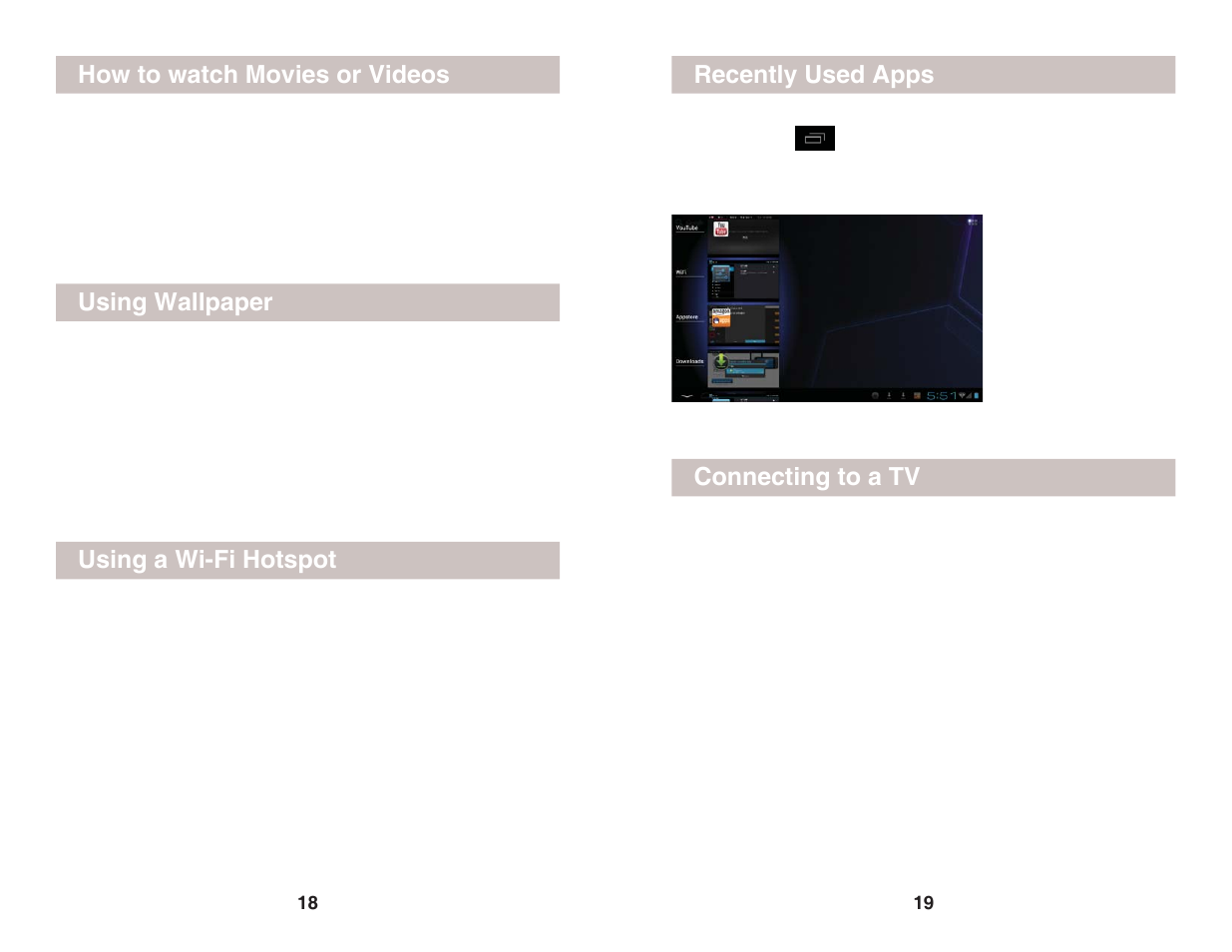 How to watch movies or videos, Using wallpaper, Using a wi-fi hotspot | Connecting to a tv, Recently used apps | X10 Wireless Technology AIRPAD7P User Manual | Page 10 / 12