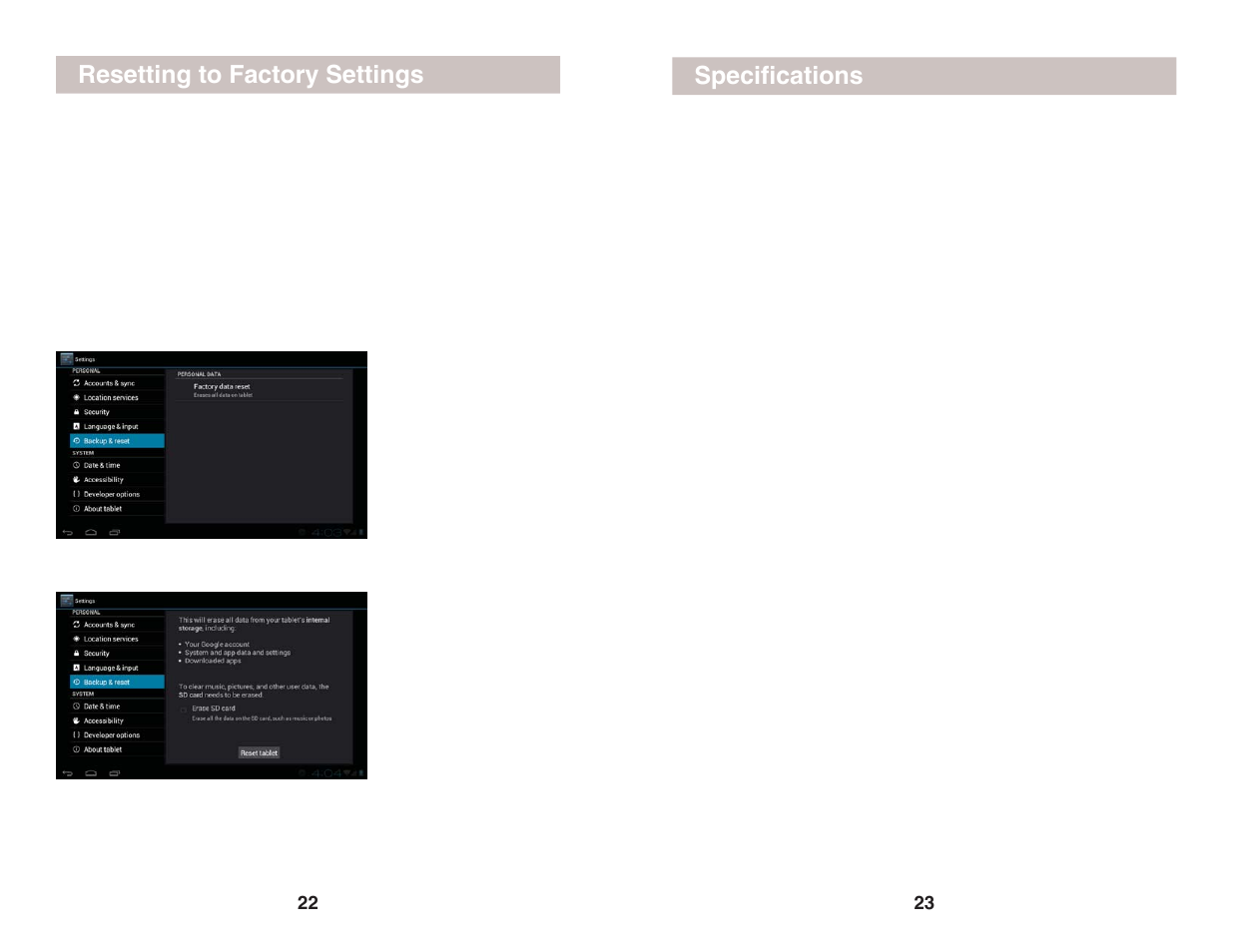 Resetting to factory settings, Specifi cations | X10 Wireless Technology AIRPAD7P User Manual | Page 12 / 12