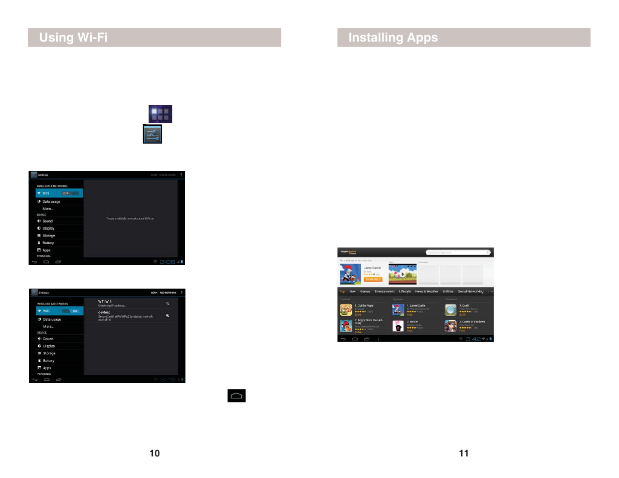 Using wi-fi, Installing apps | X10 Wireless Technology AIRPAD7P User Manual | Page 6 / 12