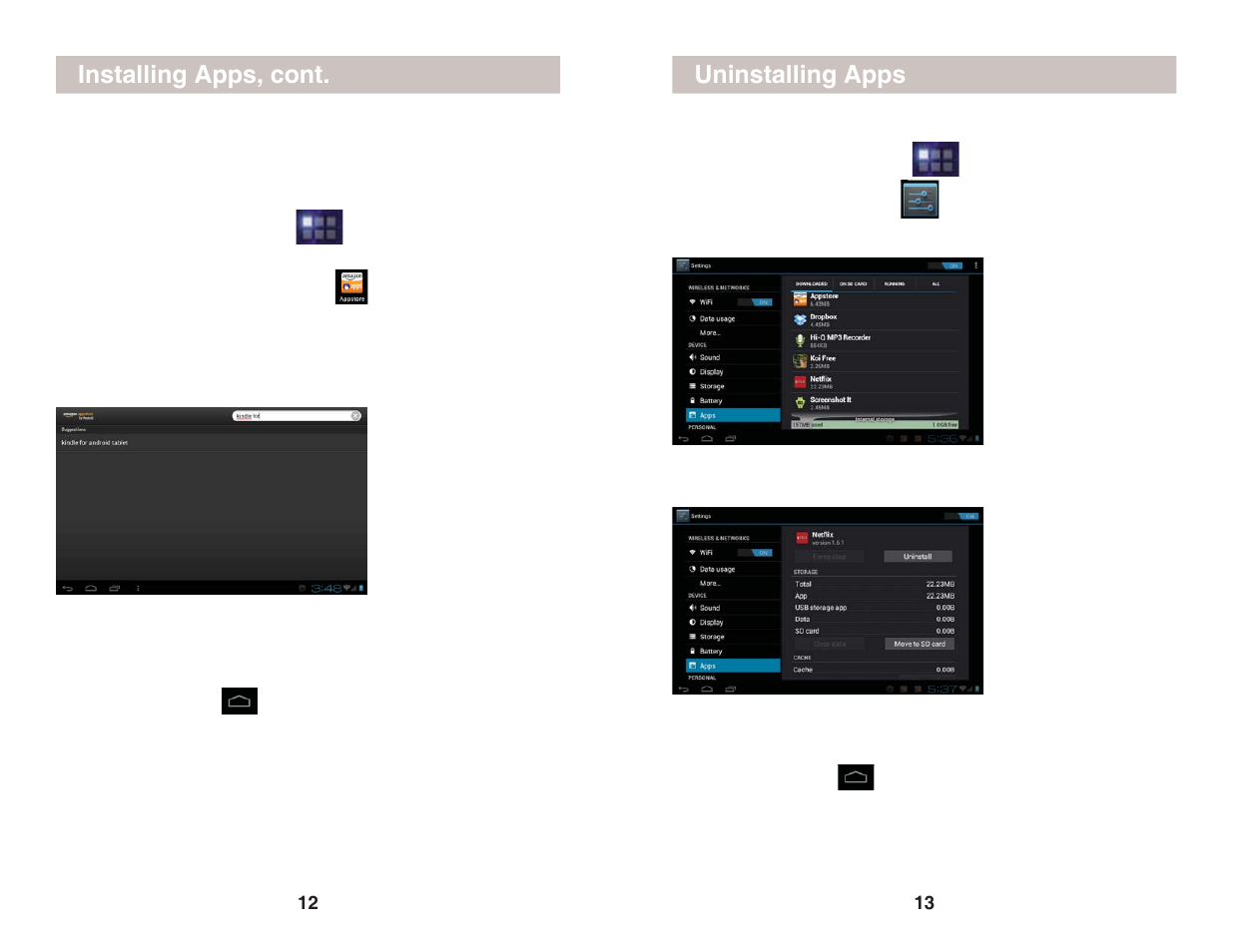 Installing apps, cont, Uninstalling apps | X10 Wireless Technology AIRPAD7P User Manual | Page 7 / 12