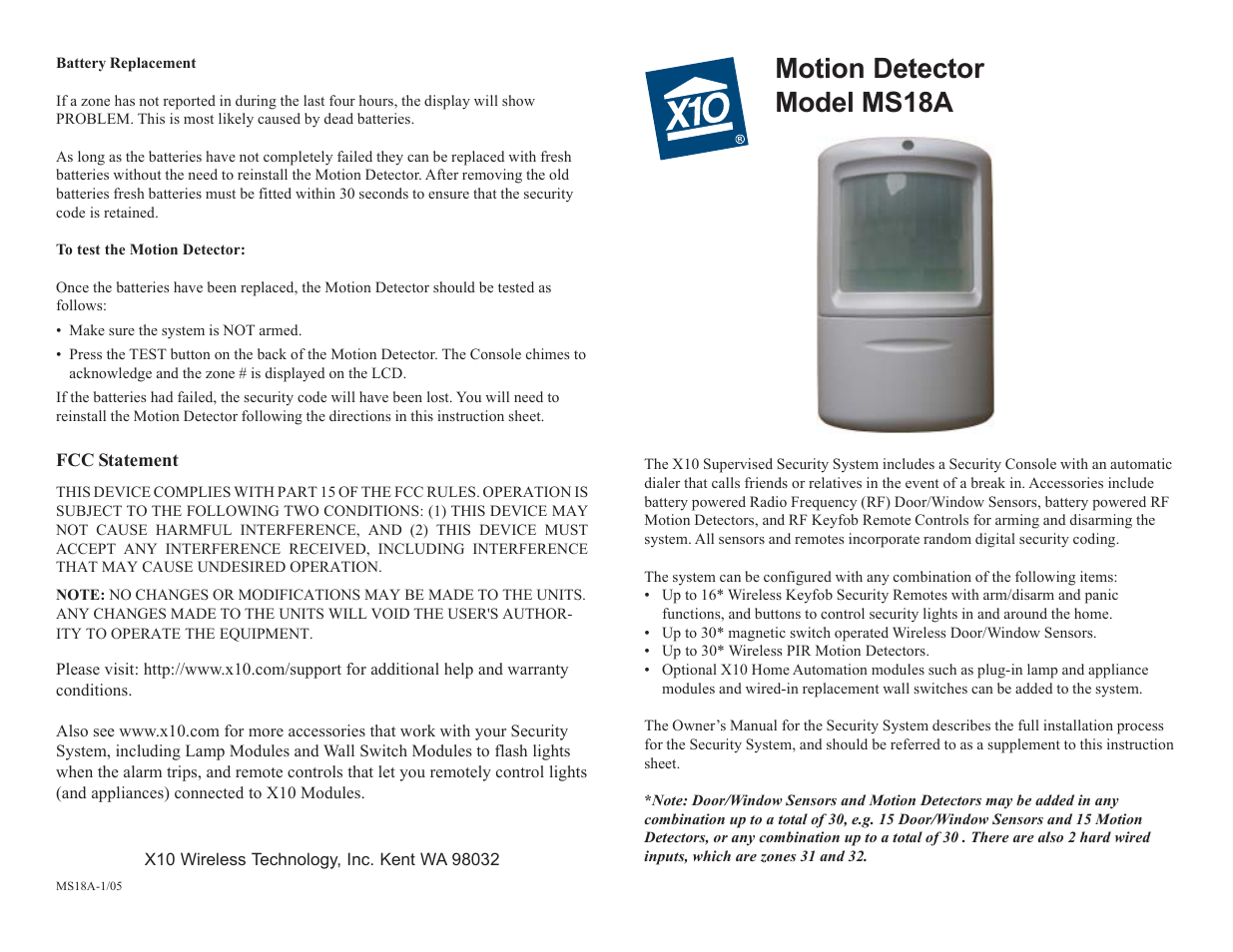 Motion detector model ms18a | X10 Wireless Technology MS18A User Manual | Page 2 / 2