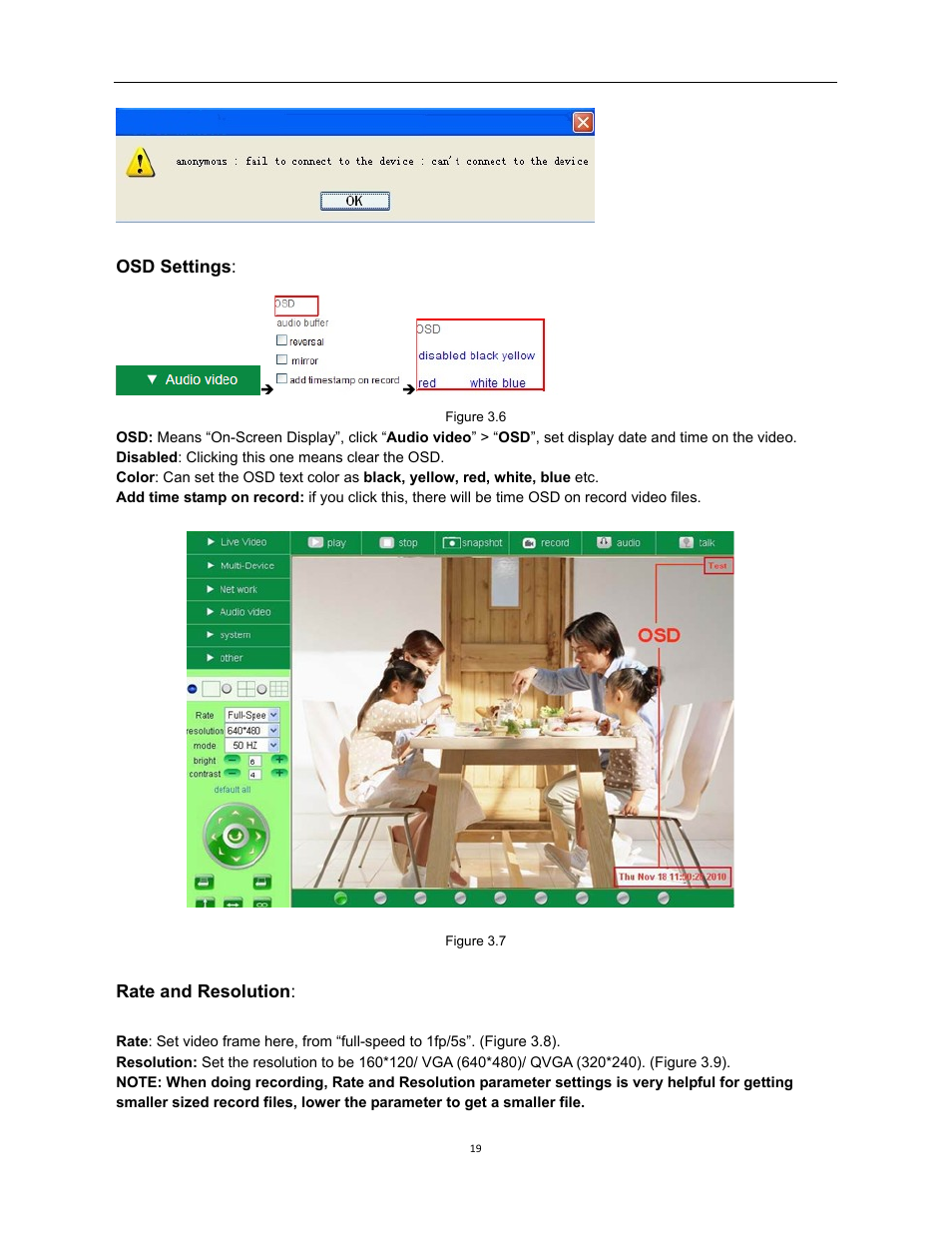 Osd settings, Rate and resolution | X10 Wireless Technology XX34A User Manual | Page 19 / 58