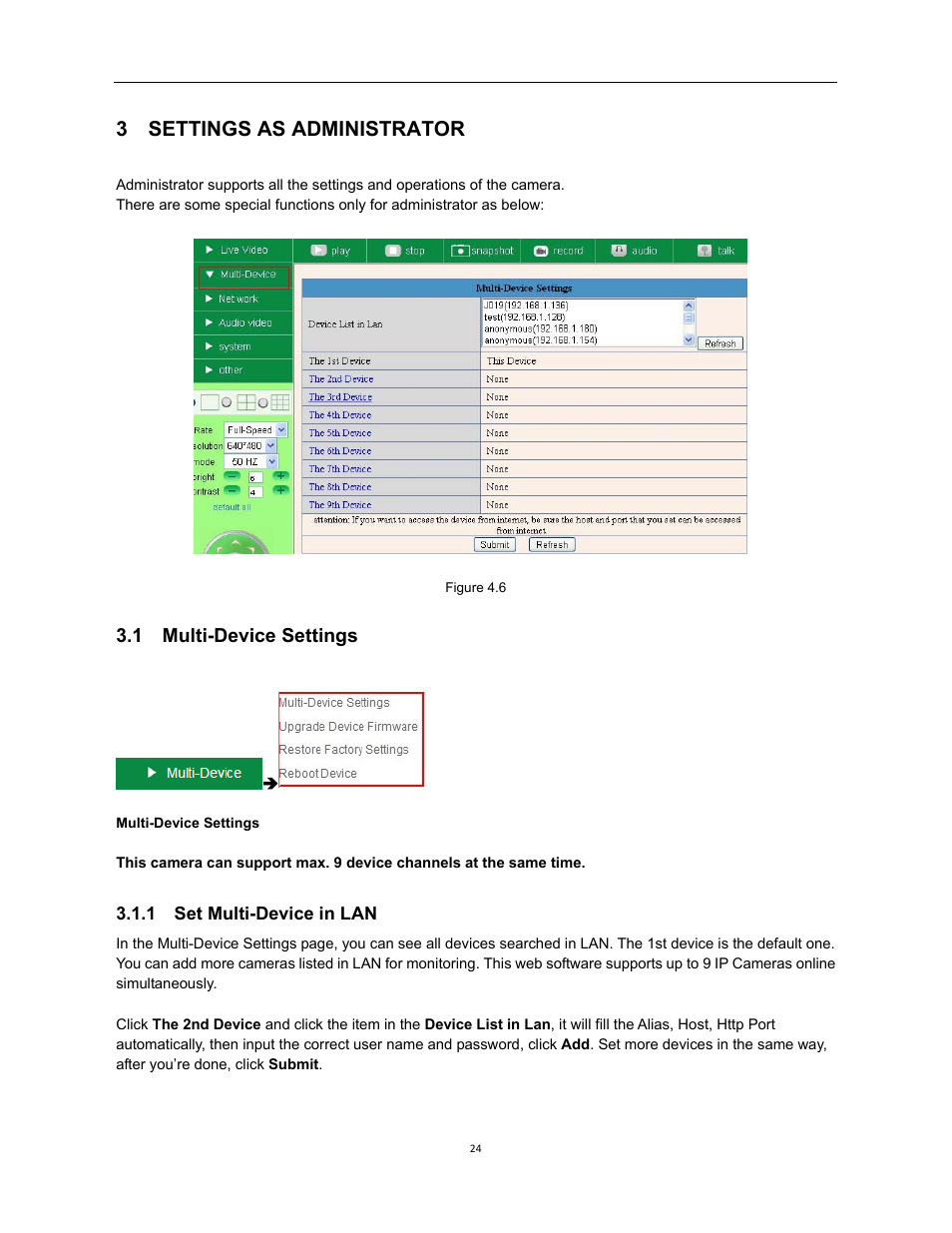 3 settings as administrator, 1 multi-device settings, 1 set multi-device in lan | X10 Wireless Technology XX34A User Manual | Page 24 / 58