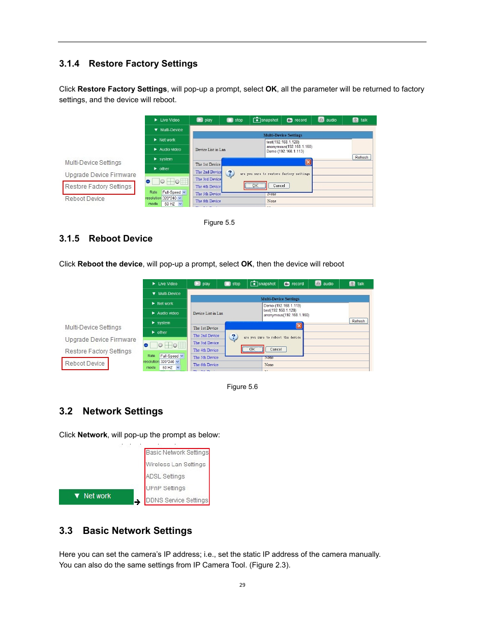 2 network settings, 3 basic network settings, 4 restore factory settings | 5 reboot device | X10 Wireless Technology XX34A User Manual | Page 29 / 58