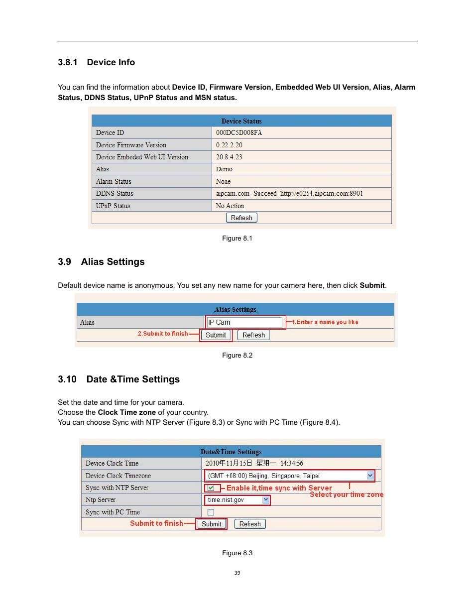 9 alias settings, 10 date &time settings, 1 device info | X10 Wireless Technology XX34A User Manual | Page 39 / 58