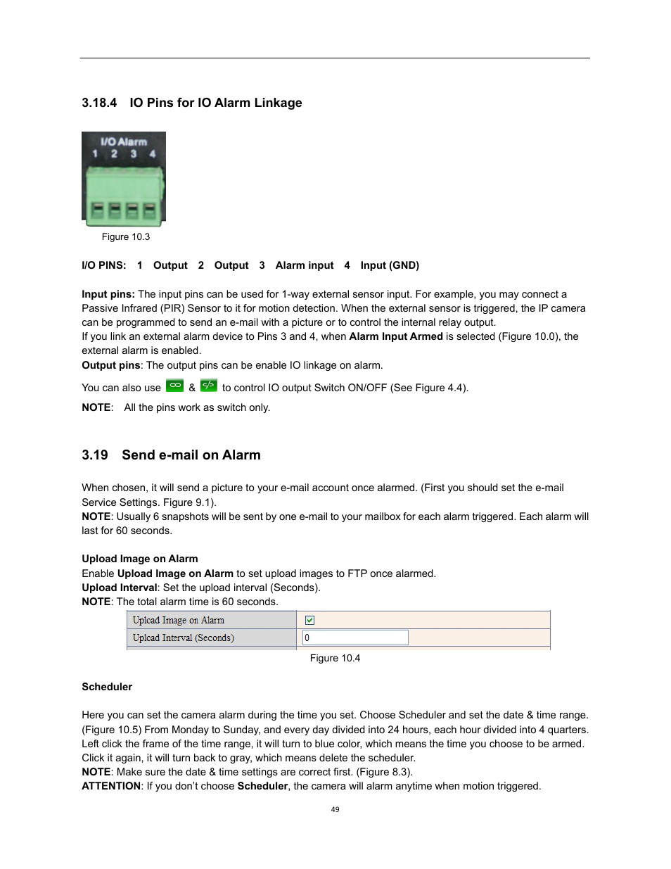 19 send e-mail on alarm, 4 io pins for io alarm linkage | X10 Wireless Technology XX34A User Manual | Page 49 / 58