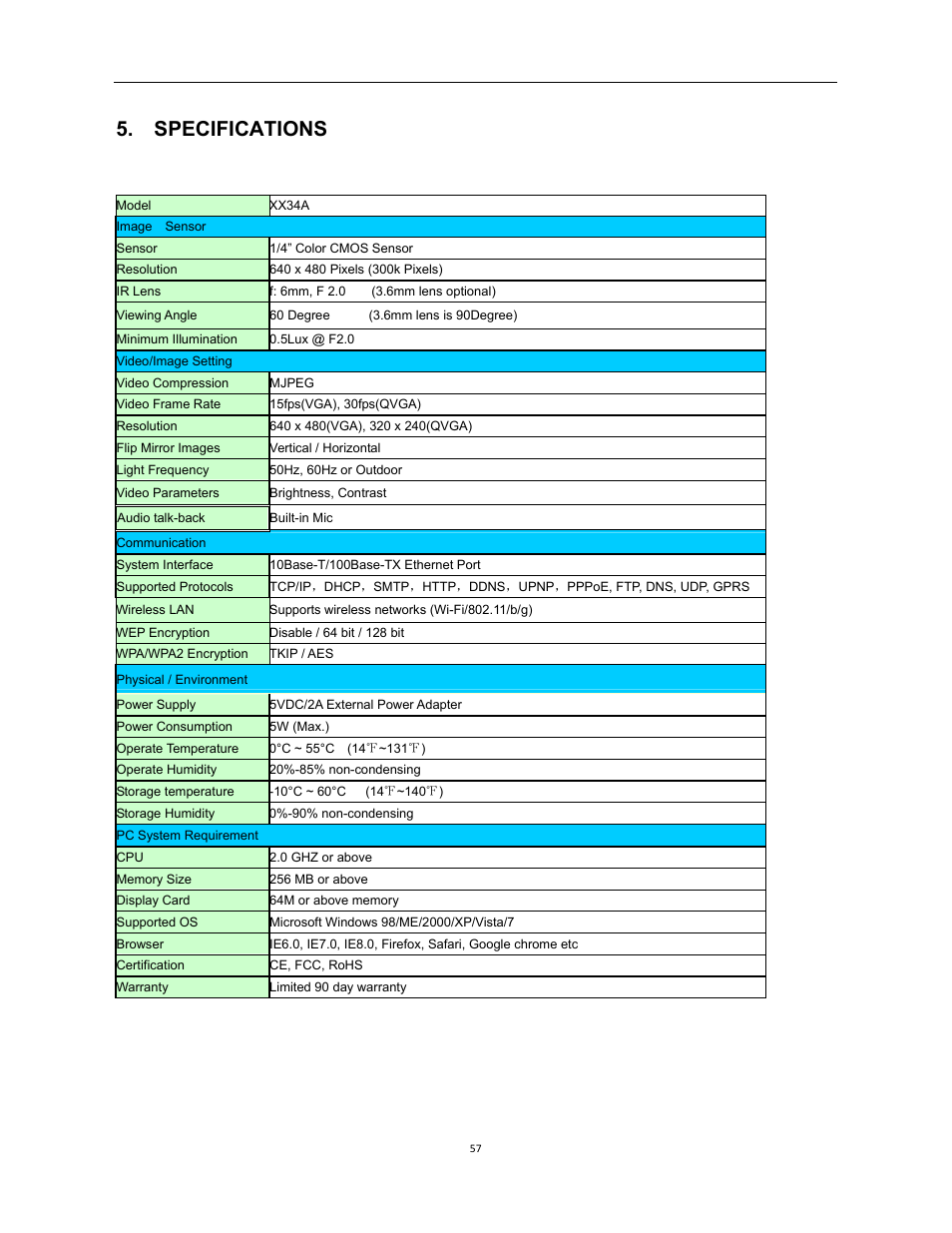 Specifications | X10 Wireless Technology XX34A User Manual | Page 57 / 58