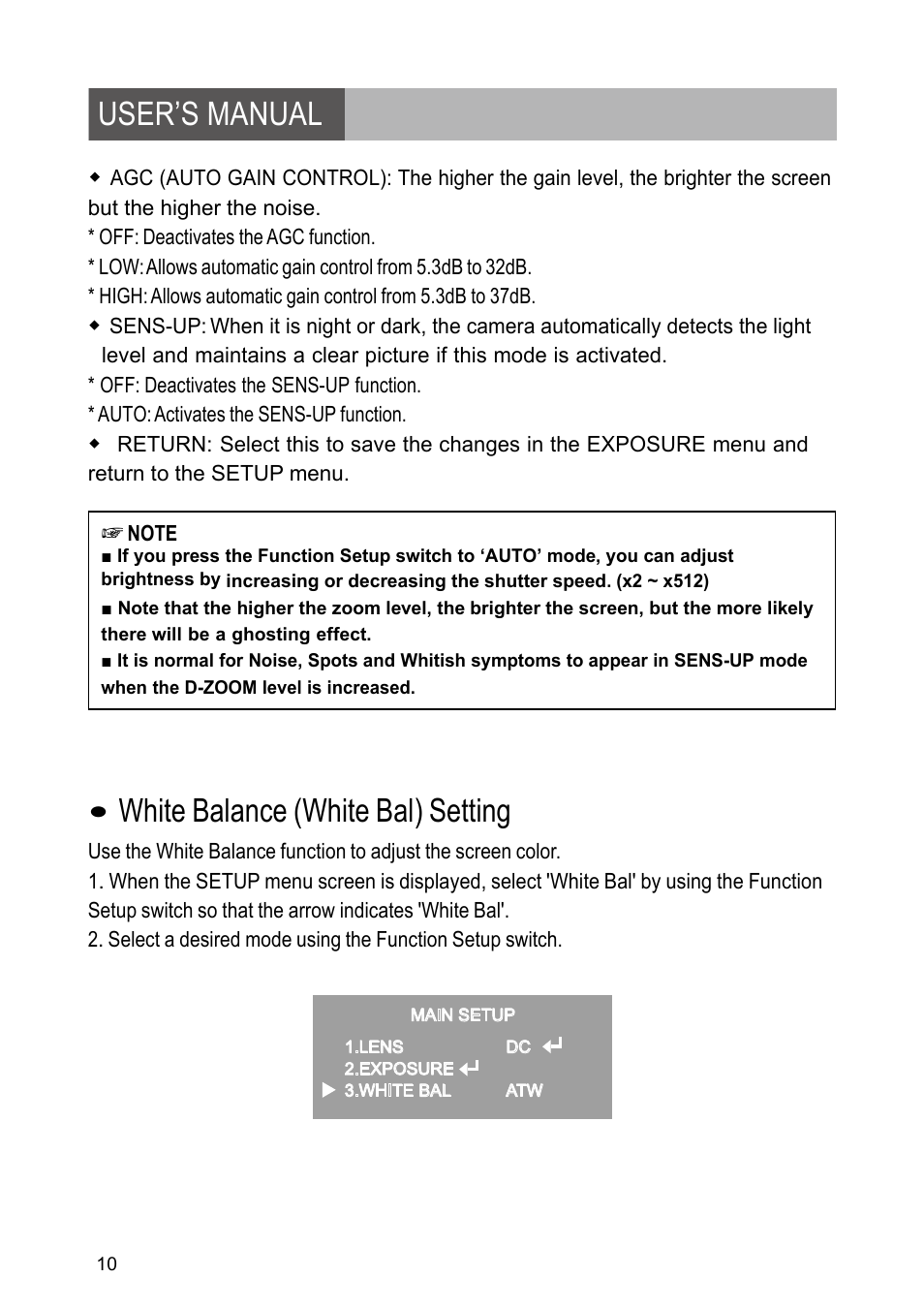 User’s manual, White balance (white bal) setting | Revo RETRT2812-1 User Manual | Page 10 / 22