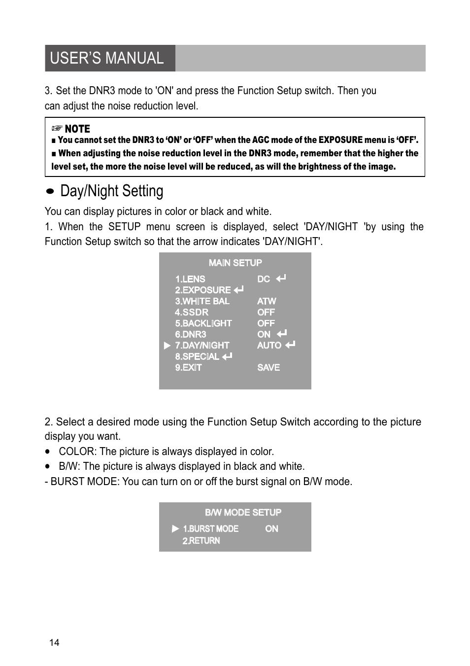 User’s manual, Day/night setting | Revo RETRT2812-1 User Manual | Page 14 / 22