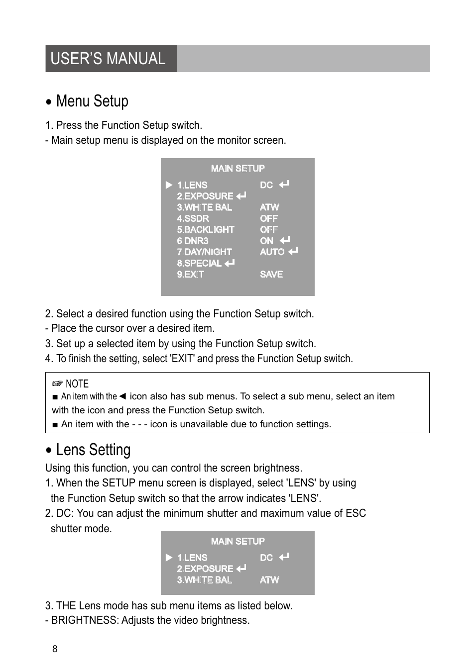 User’s manual menu setup, Lens setting | Revo RETRT2812-1 User Manual | Page 8 / 22